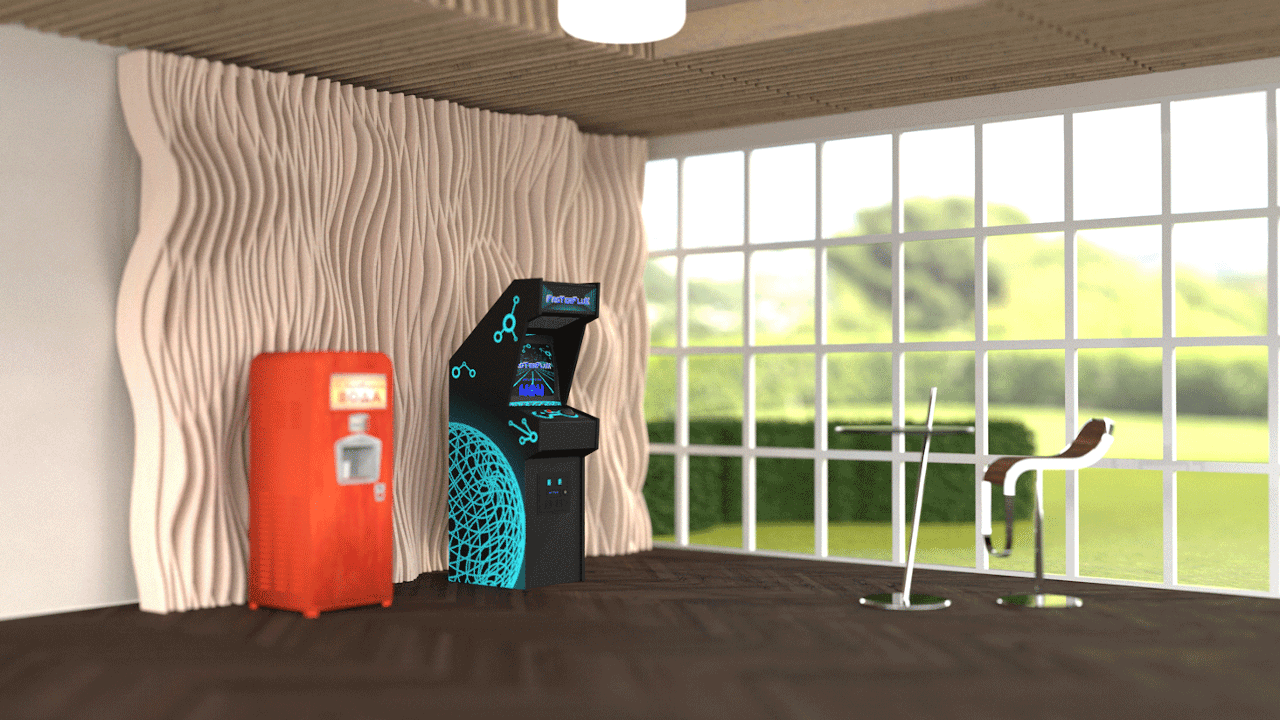 Image de la salle de repos K'hélos Innovation et de sa borne d'arcade